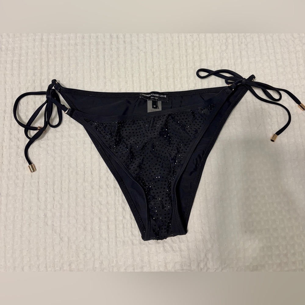 Generation Love Black Crystal String Bikini Bottoms Size M